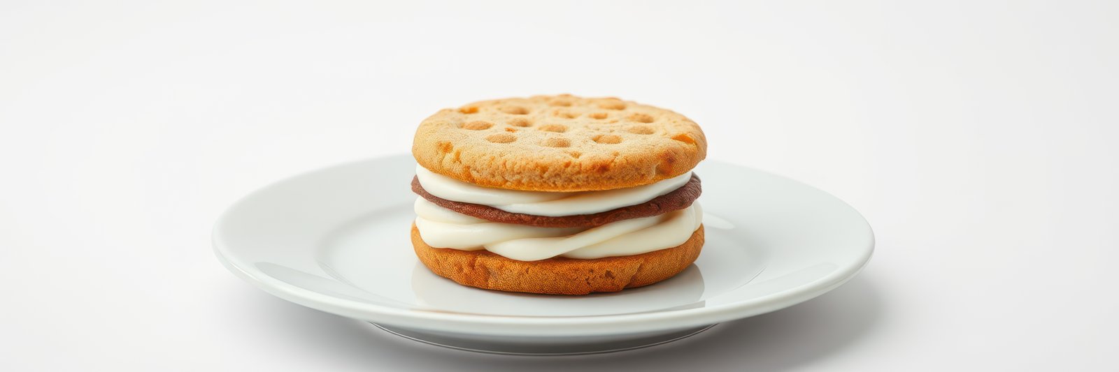 Delicious cookies filled with cream and chocolate on a white plate